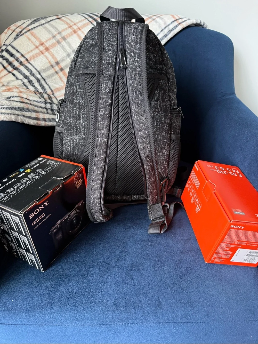 Sony Mirrorless Camera Kit with Gray Backpack and Black Lenses
